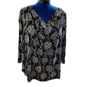 LIZ CLAIBORNE WOMAN,Top,Black & Tan,Size 2X,Cowl Neck, floral,3/4 length sleeves